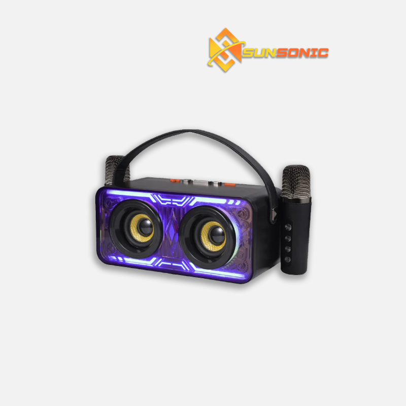 SK-2063 Bluetooth Karaoke Speaker Enhanced Bass support TF Card, USB, AUX In and FM Radio with Handle, RGB LED Colorful Lights and Two Wireless Microphone